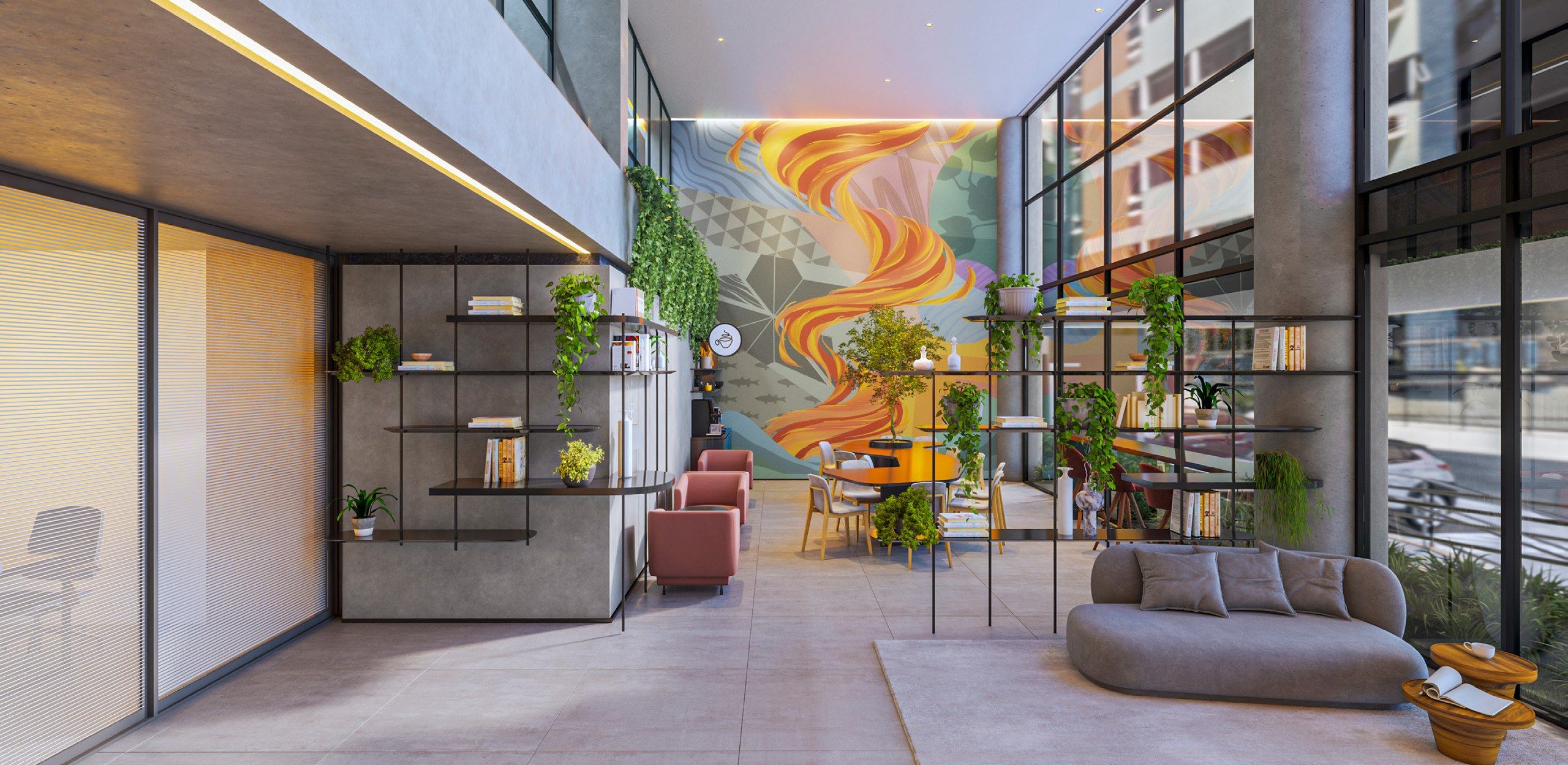 Lobby com lounge, estantes decorativas e arte mural