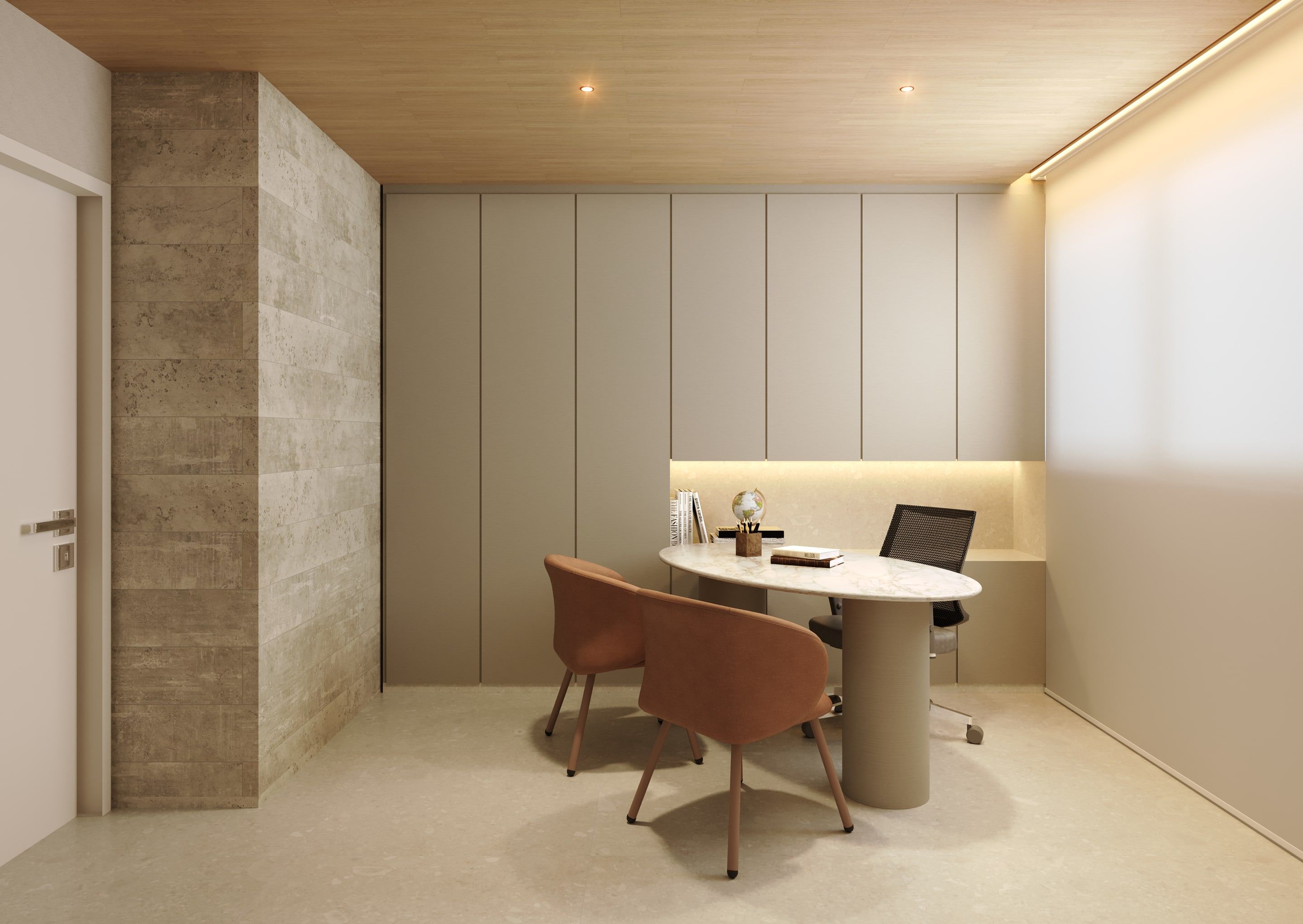 Espaço coworking com mesa oval em mármore e armários embutidos