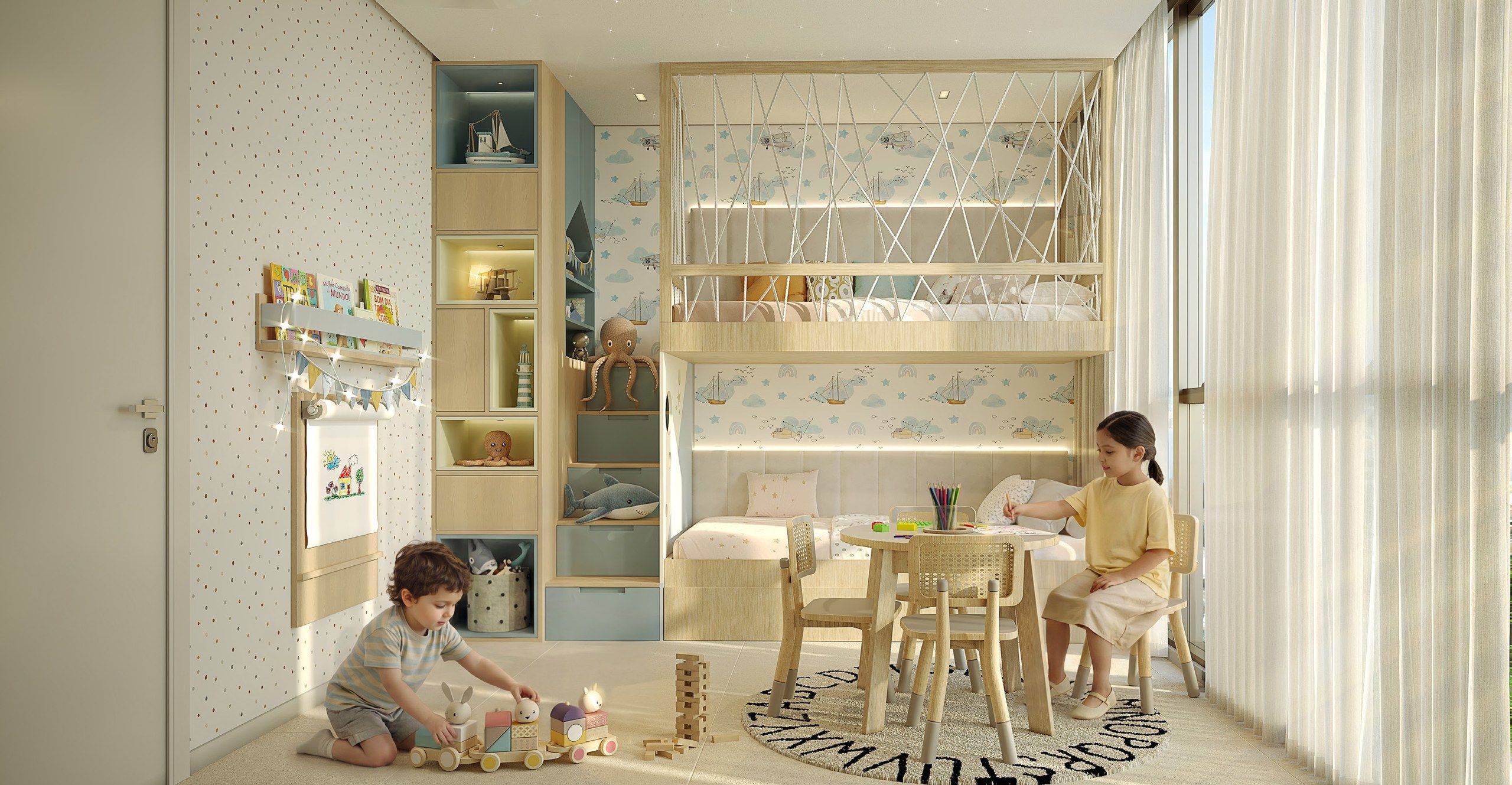 Quarto infantil planejado com beliche, área de estudos e espaço para brincar
