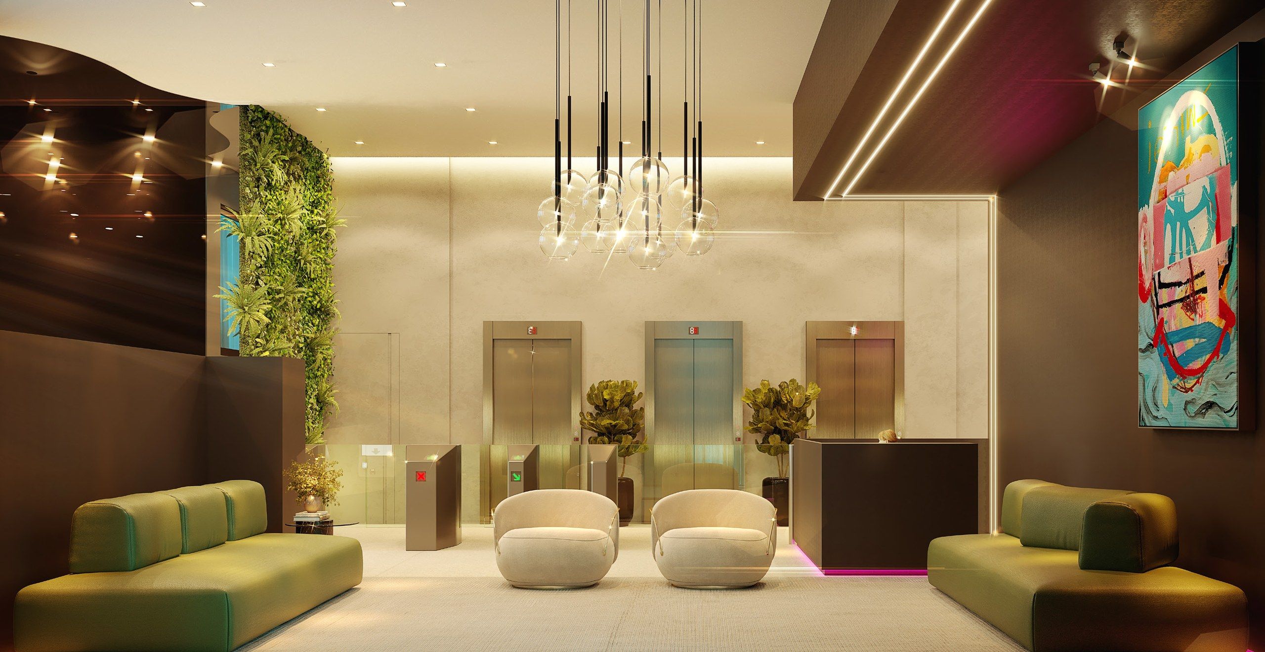 Hall de entrada sofisticado com jardim vertical, elevadores e lustre decorativo