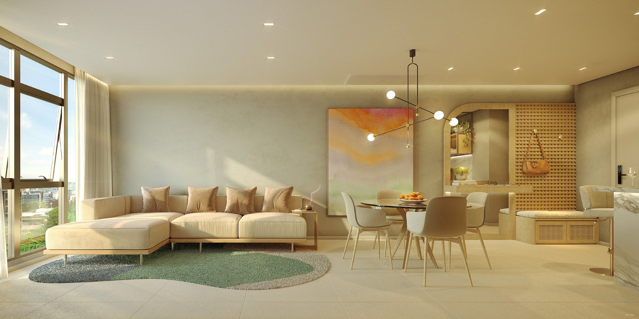 Sala de estar e jantar integradas com decoração contemporânea e amplas janelas