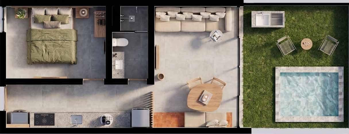 Planta do quarto e sala térreo: 40 m² cobertos, garden de 14 m² e piscina privativa