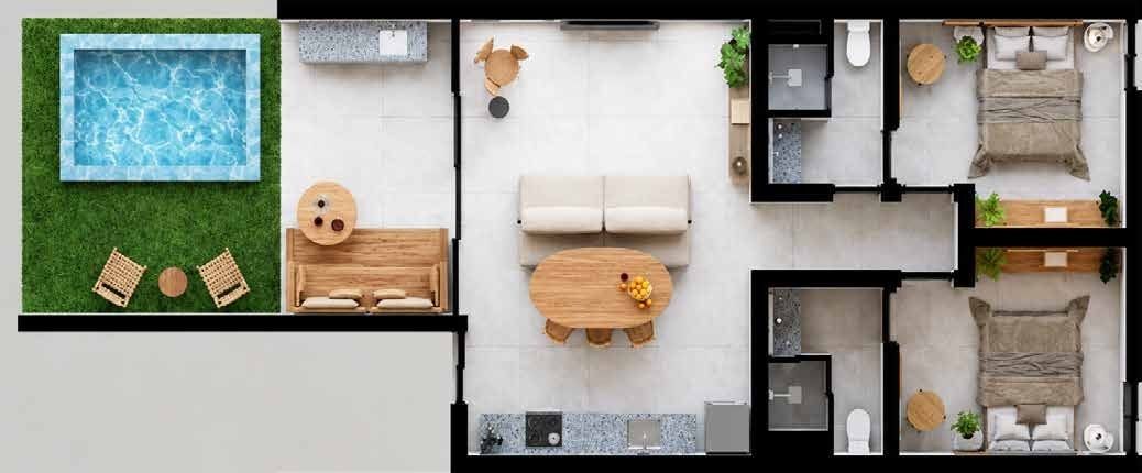 Planta das 2 suítes térreo: 75 m² cobertos, garden de 15 m² e piscina com hidromassagem