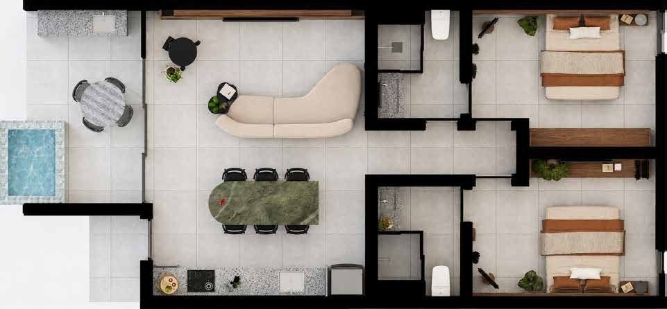 Planta das 2 suítes superior: 75 m² cobertos, com piscina com hidromassagem na varanda