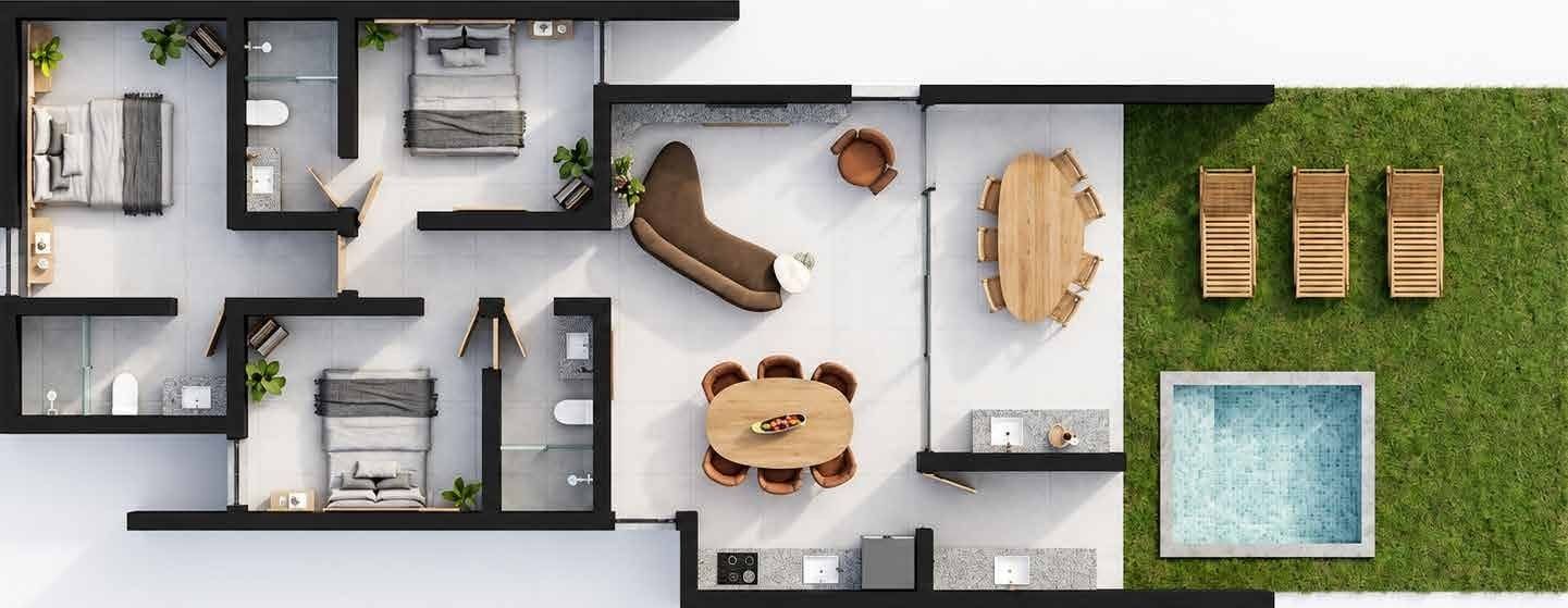 Planta das 3 suítes térreo: 105 m² cobertos, garden de 40 m² e piscina com hidromassagem