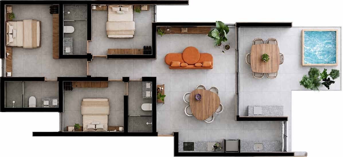 Planta das 3 suítes superior: 115 m² cobertos, com piscina com hidromassagem na varanda