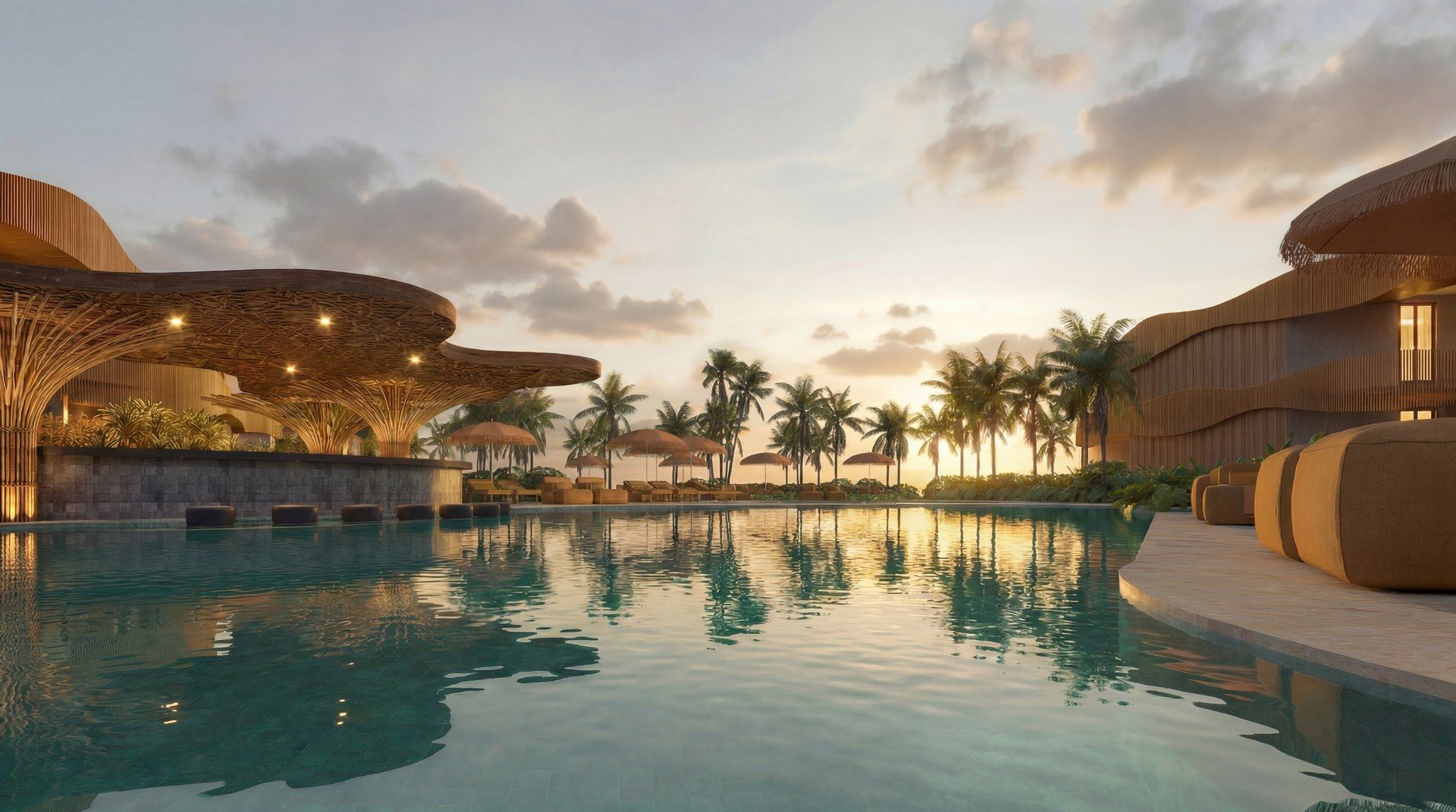 A piscina e o pavilhão de lazer ao pôr do sol
