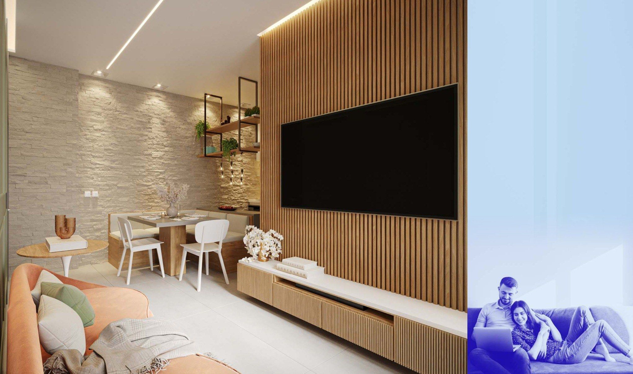 Sala de estar do Way 1 Quarto, 39,84 m² (perspectiva ilustrada)