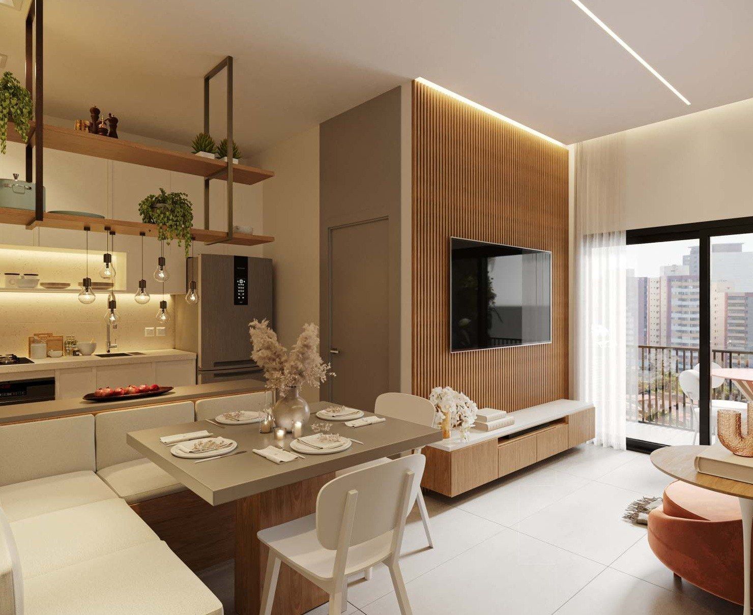 Cozinha integrada ao jantar do Way 1 Quarto, 39,84 m² (perspectiva ilustrada)