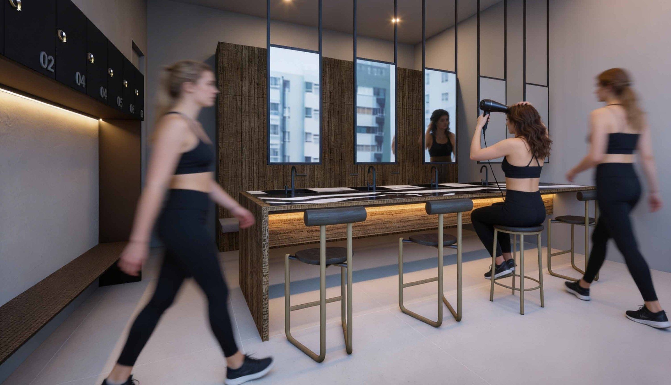 Vestiário feminino da academia (perspectiva ilustrada)