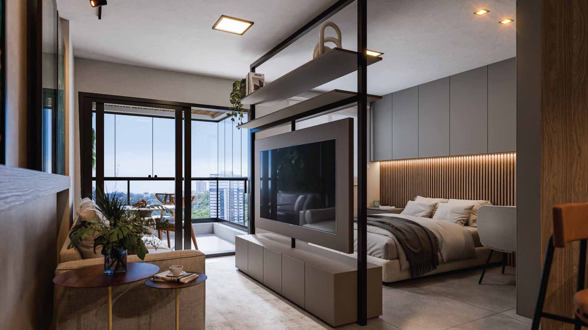 Ambientação do quarto e sala (perspectiva ilustrada)